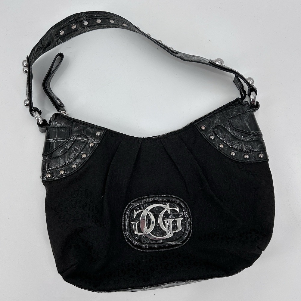 Vintage‎ Guess Y2K Monogrammed Shoulder Bag Black Silver Chunky Glam Rock